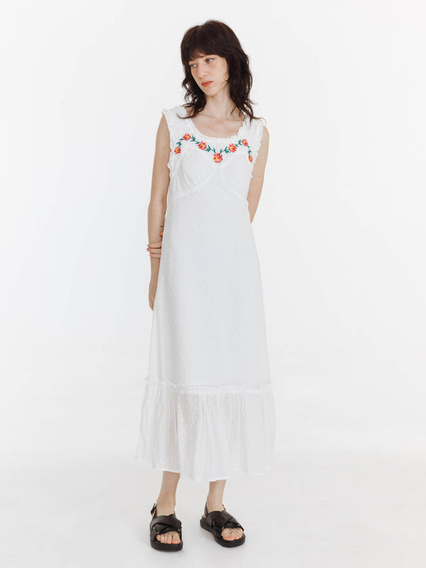 Cubic Floral Embroidered Sleeveless Maxi Dress White