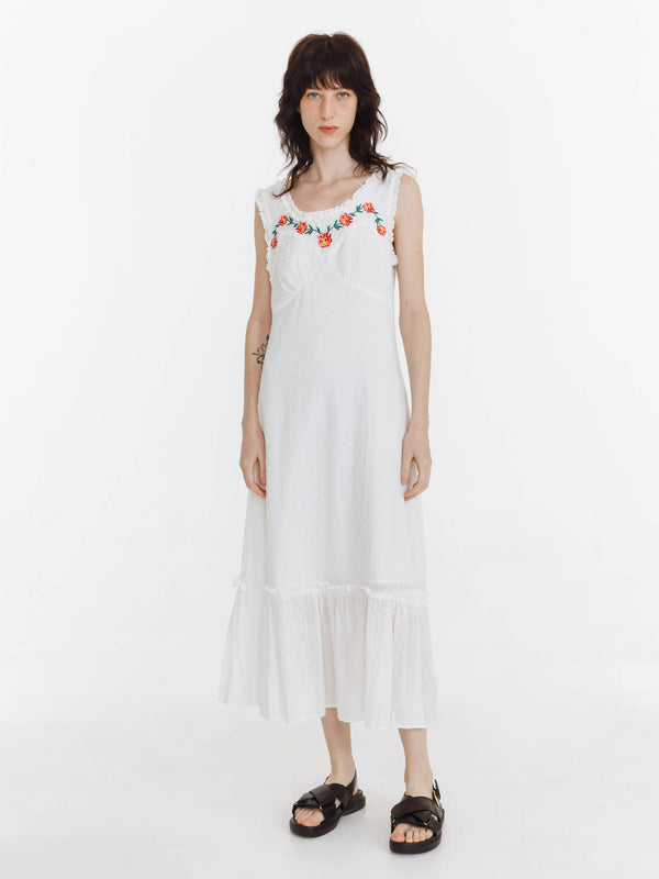 cubic Floral Embroidered Sleeveless Maxi Dress White
