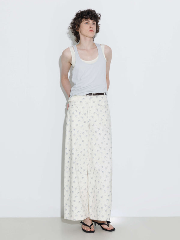 Cubic Floral Print 100%Cotton Loose Fit Wide-Leg Casual Pants Beige