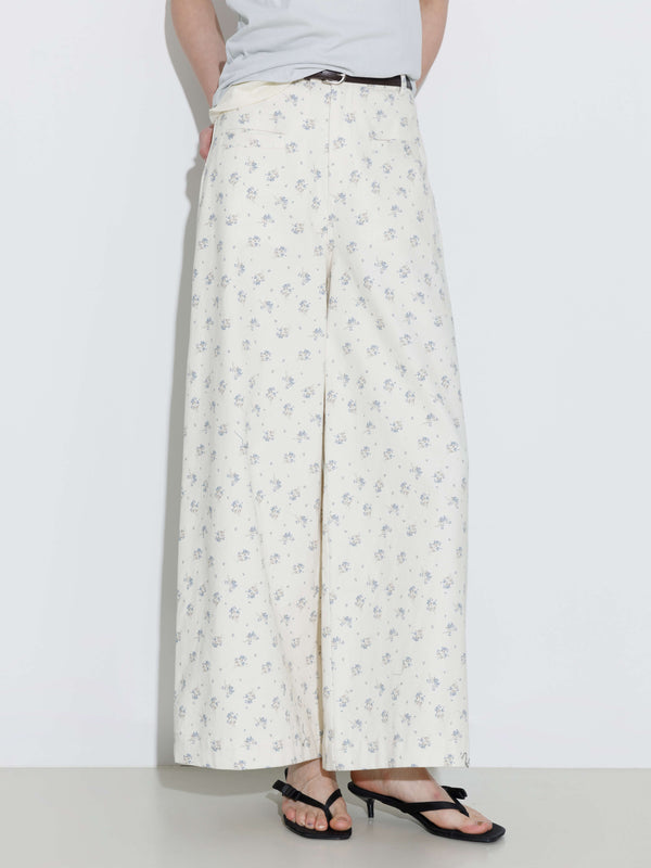 Cubic Floral Print 100%Cotton Loose Fit Wide-Leg Casual Pants Beige