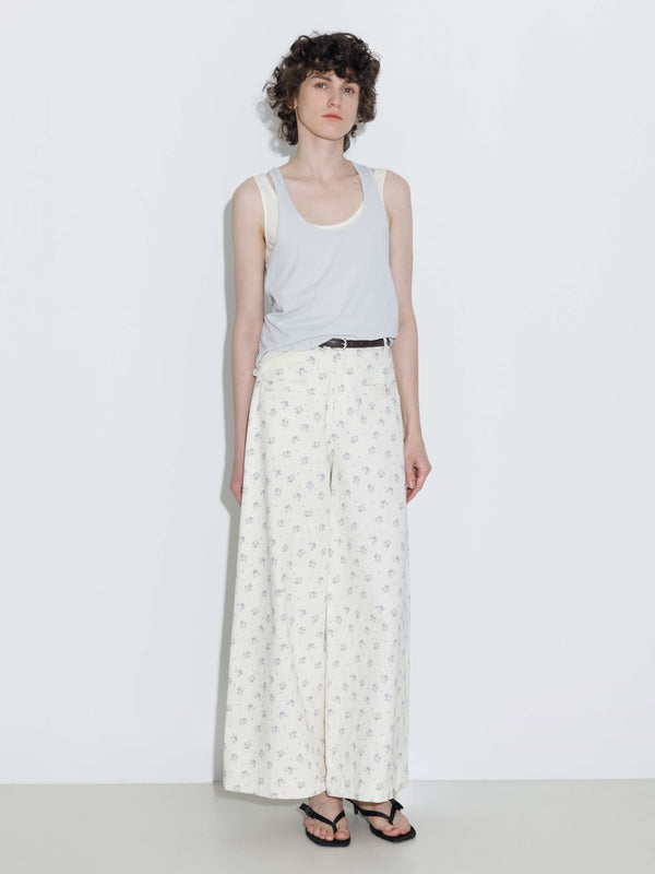 Cubic Floral Print 100%Cotton Loose Fit Wide-Leg Casual Pants Beige