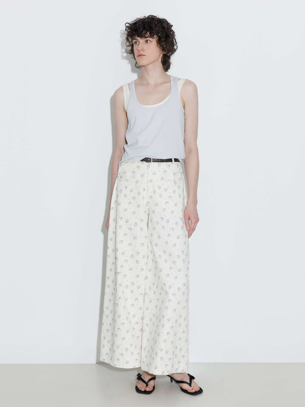 cubic Floral Print 100%Cotton Loose Fit Wide-Leg Casual Pants Beige