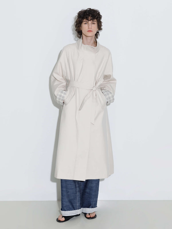 Cubic Funnel Neck Colorblock Cuff Trench Coat Beige