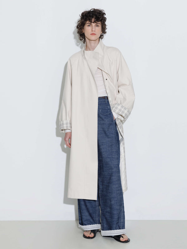 Cubic Funnel Neck Colorblock Cuff Trench Coat Beige
