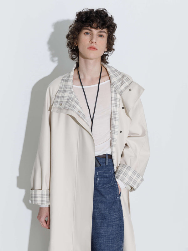 Cubic Funnel Neck Colorblock Cuff Trench Coat Beige