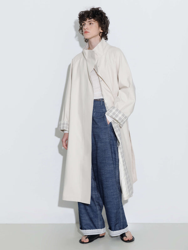 cubic Funnel Neck Colorblock Cuff Trench Coat Beige