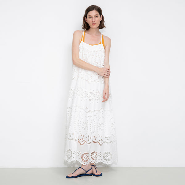 Cubic Heavily Embroidered Eyelet Floral Cami Dress White