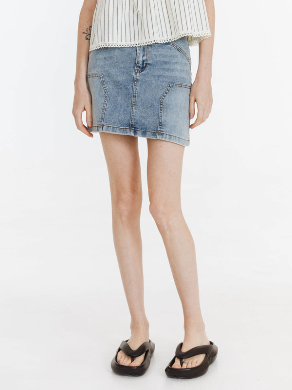 Cubic High Elastic Panelled Denim Mini Skirt LightBlue