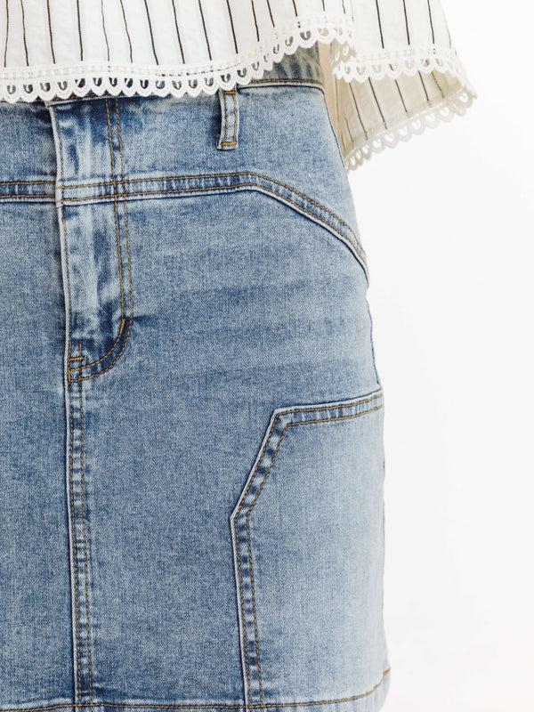 Cubic High Elastic Panelled Denim Mini Skirt LightBlue