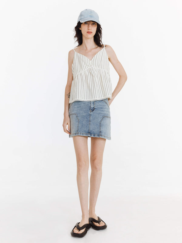 cubic High Elastic Panelled Denim Mini Skirt LightBlue