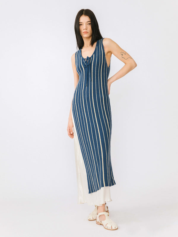 Cubic High Slit Striped Knit Sleeveless Dress Black