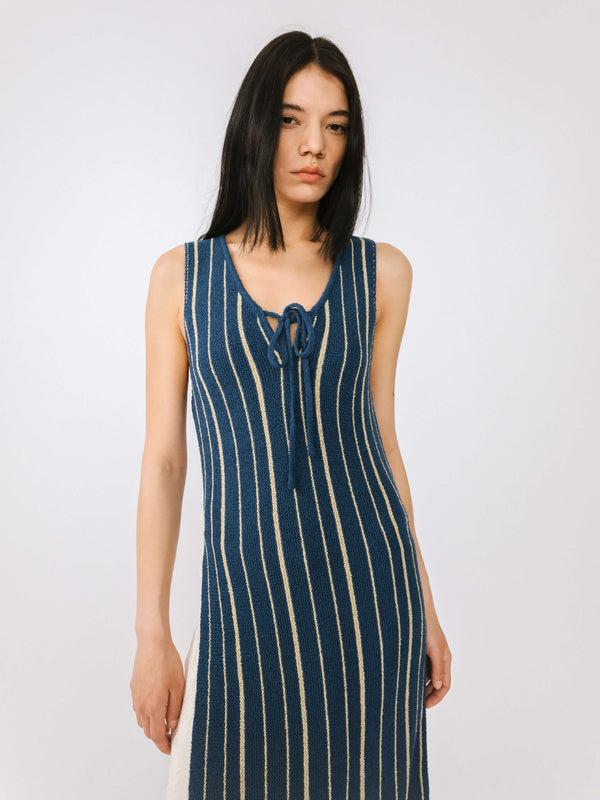 Cubic High Slit Striped Knit Sleeveless Dress Black
