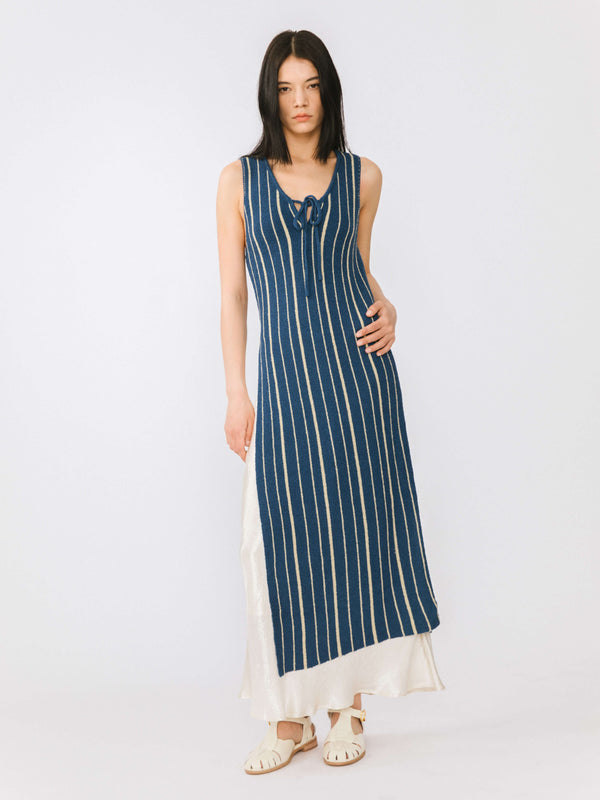 cubic High Slit Striped Knit Sleeveless Dress Black