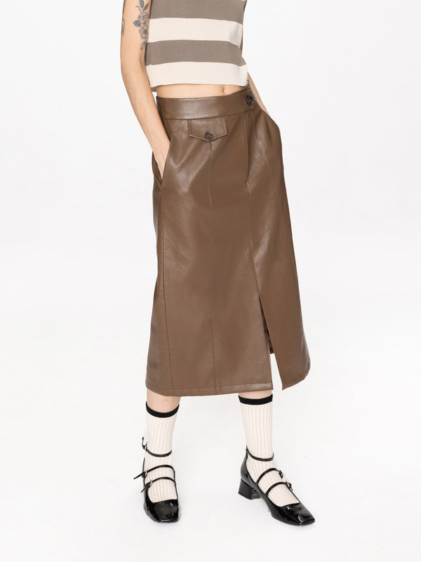 Cubic High Waist A-line PU Skirt With Back Slit Black