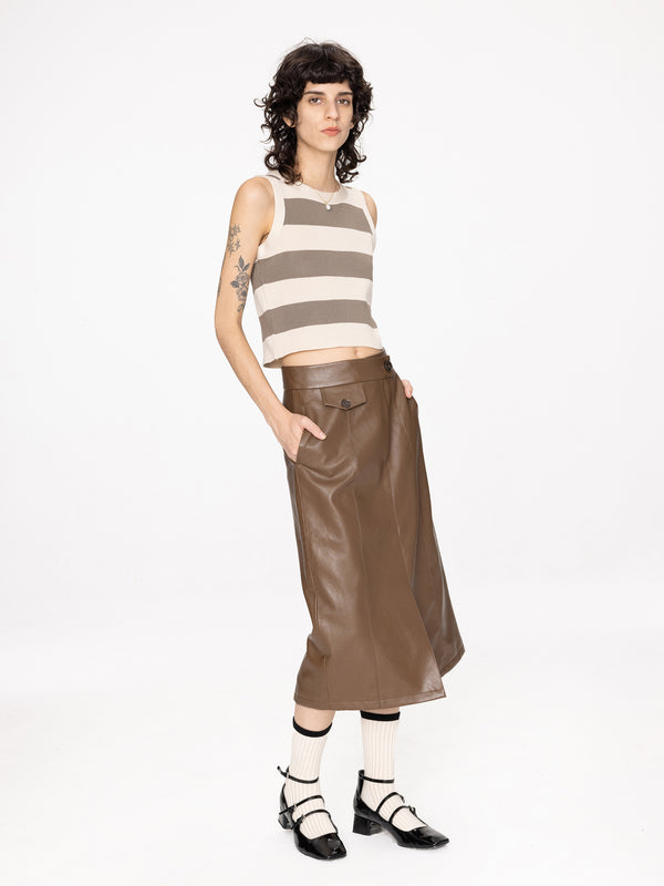 Cubic High Waist A-line PU Skirt With Back Slit Black