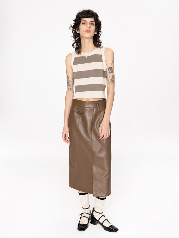 cubic High Waist A-line PU Skirt with Back Slit Black
