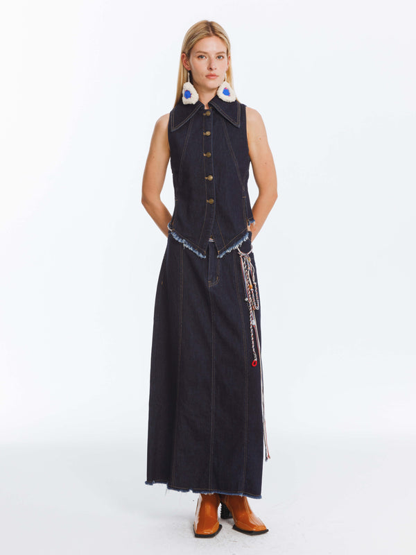 Cubic High Waist Denim Vintage A-line Skirt MidnightBlue