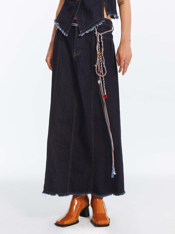 Cubic High Waist Denim Vintage A-line Skirt MidnightBlue