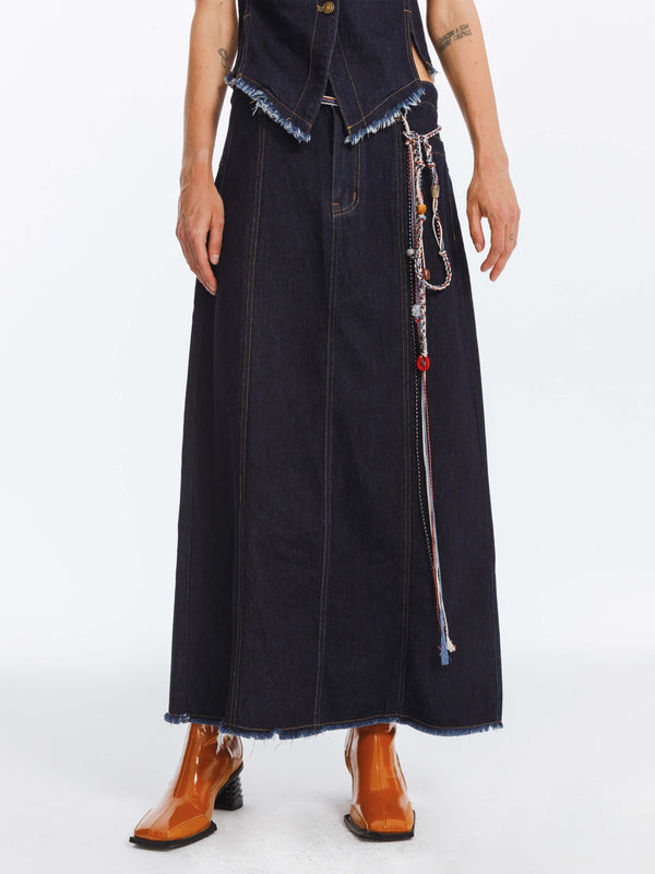 cubic High Waist Denim Vintage A-line Skirt MidnightBlue