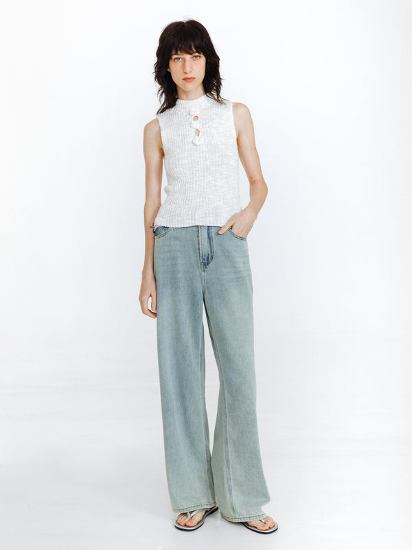 cubic High Waist Loose Straight Washed Jeans Thistle
