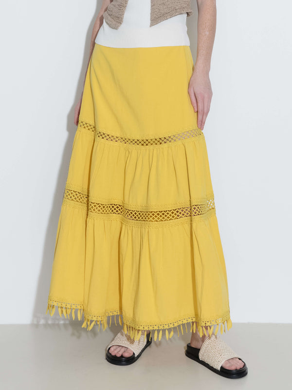 Cubic High-Waisted Hollow Out Tassel Trim Maxi Skirt Yellow
