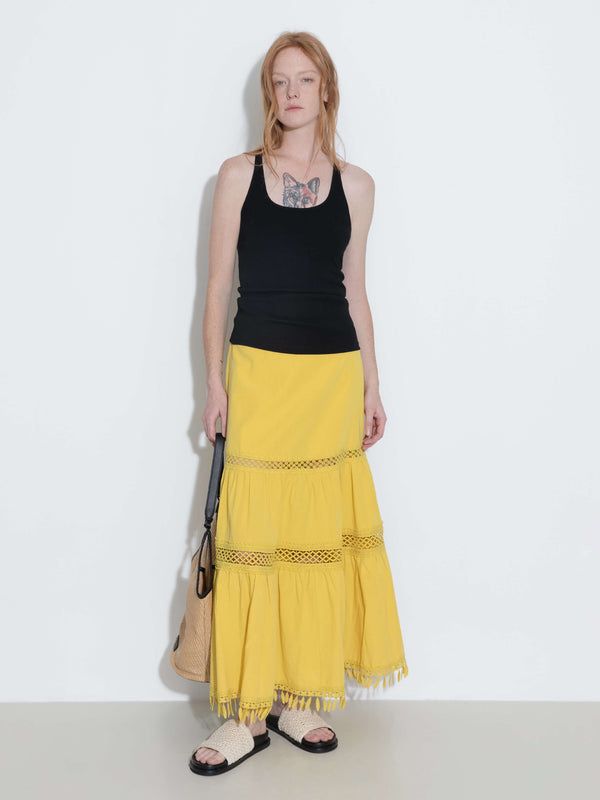 Cubic High-Waisted Hollow Out Tassel Trim Maxi Skirt Yellow