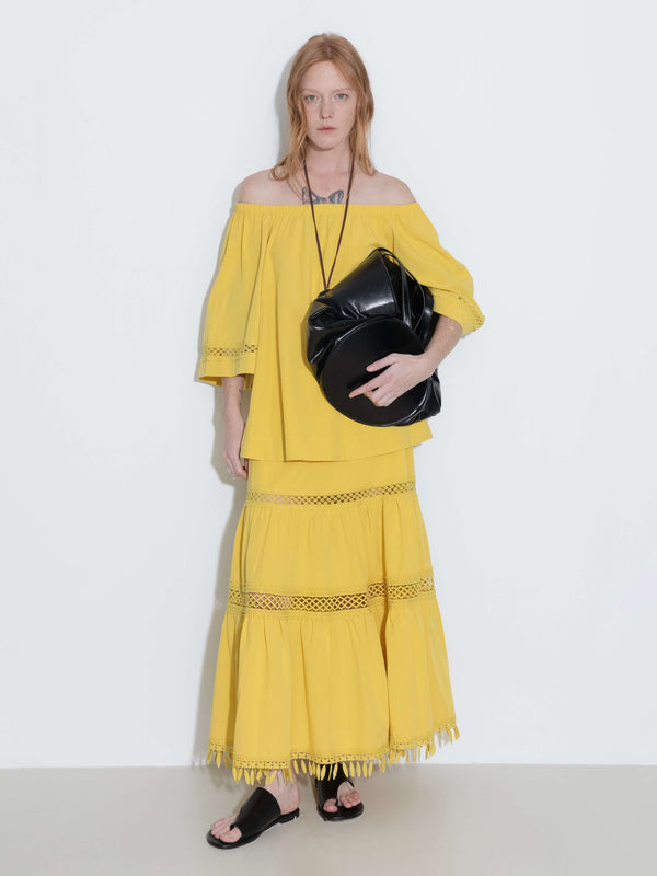 Cubic High-Waisted Hollow Out Tassel Trim Maxi Skirt Yellow