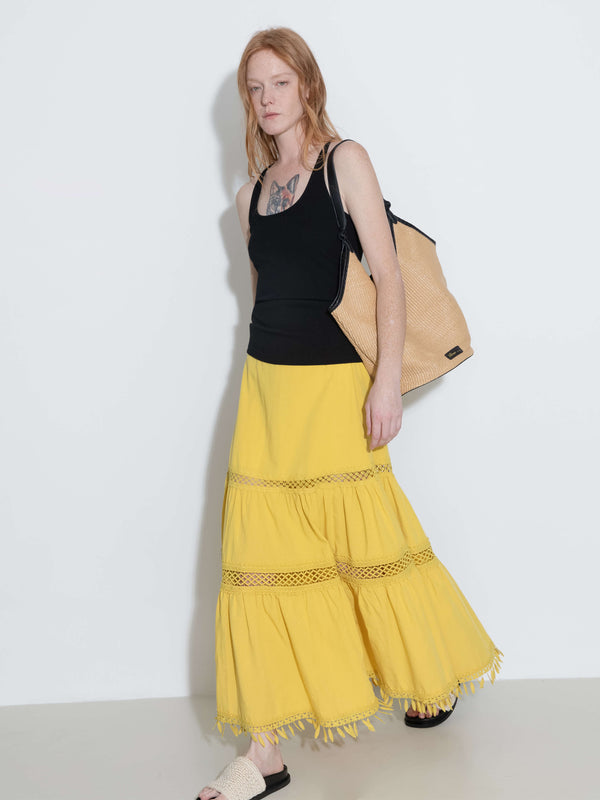cubic High-Waisted Hollow Out Tassel Trim Maxi Skirt Yellow