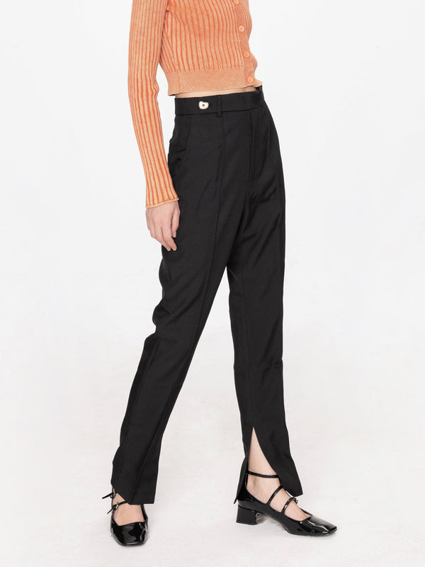 Cubic High Waisted Straight-Leg Slitted Trousers Black