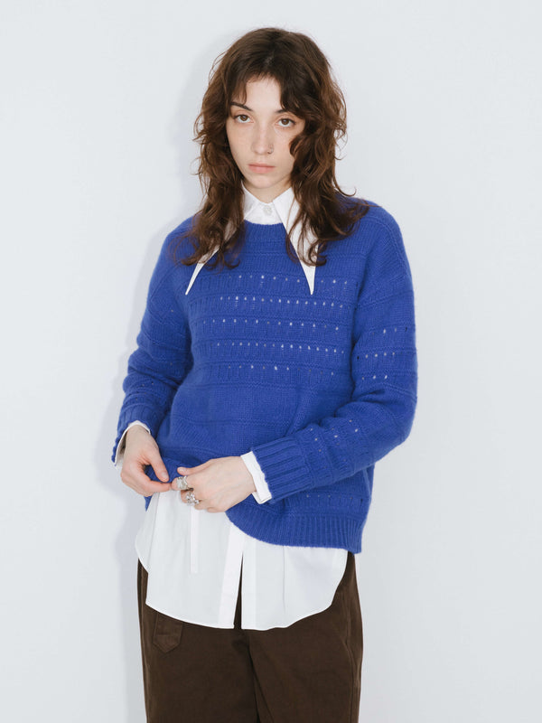 Cubic Hollowed 100% Wool Long Sleeves Knit Sweater Blue