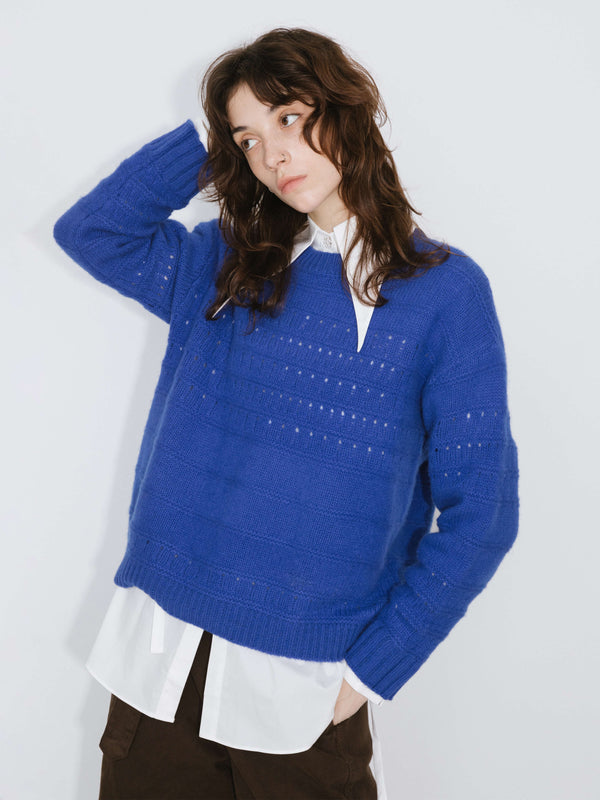 Cubic Hollowed 100% Wool Long Sleeves Knit Sweater Blue
