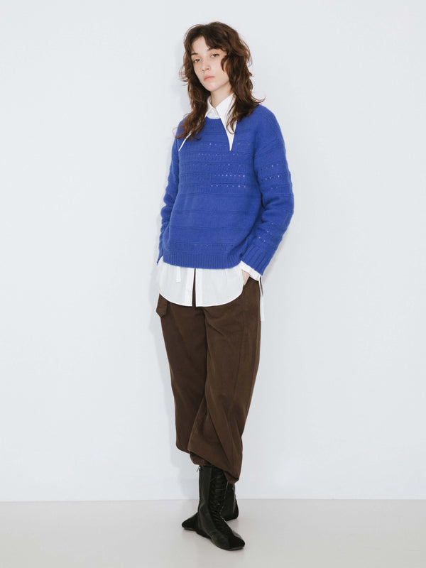 cubic Hollowed 100% Wool Long Sleeves Knit Sweater Blue