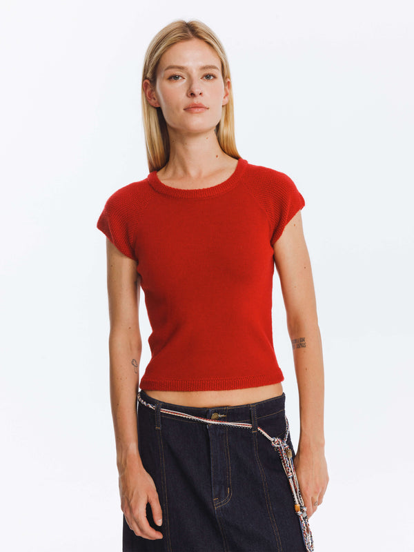 cubic Jacquard Cropped Knit Top with Cashmere Blend Maroon
