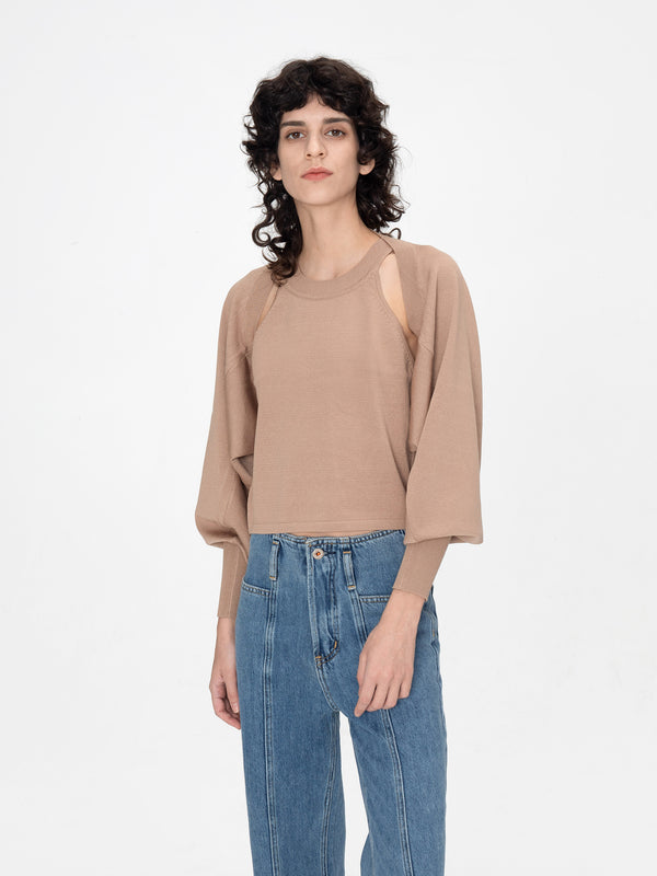 Cubic Knit Long Sleeve Top With Shoulder Cut Outs Khaki