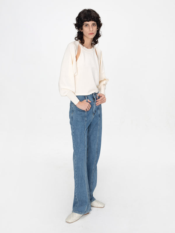 Cubic Knit Long Sleeve Top With Shoulder Cut Outs Khaki