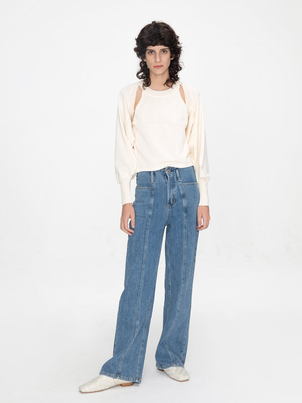cubic Knit Long Sleeve Top with Shoulder Cut Outs Khaki