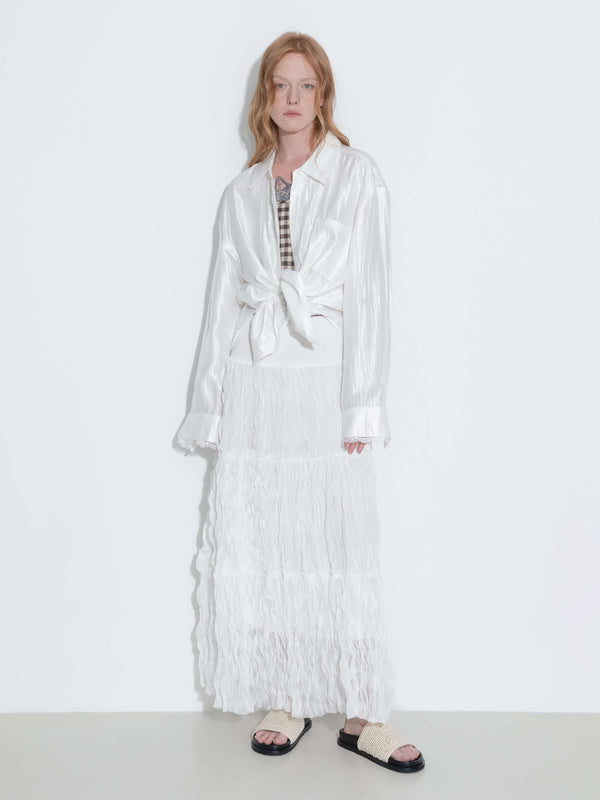 Cubic Lace Patchwork Loose Long Sleeves Shirt White