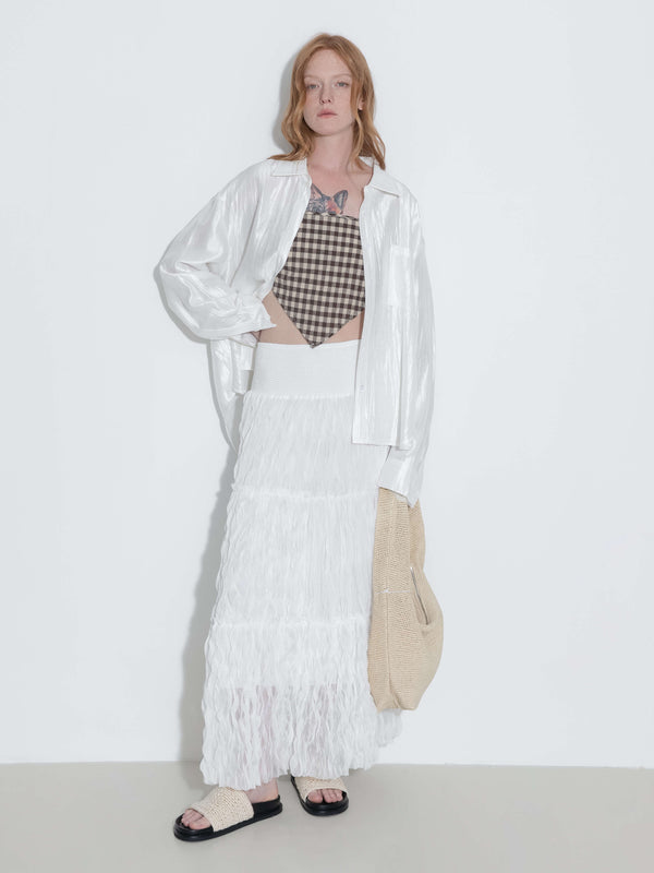 Cubic Lace Patchwork Loose Long Sleeves Shirt White