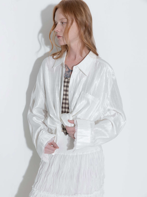 Cubic Lace Patchwork Loose Long Sleeves Shirt White