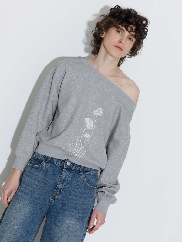 Cubic Lace Print Oversized Sweatshirt With Wide Neckline Navy