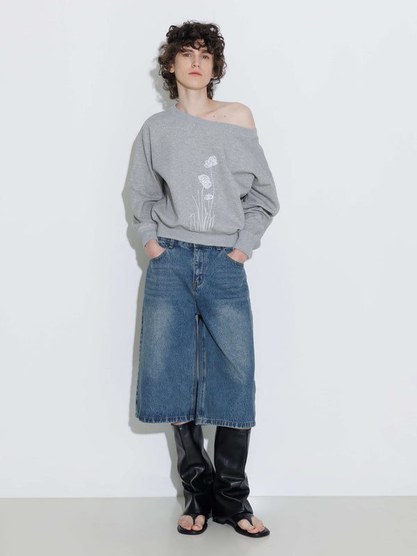 cubic Lace Print Oversized Sweatshirt with Wide Neckline Navy