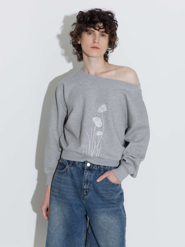 Cubic Lace Print Oversized Sweatshirt With Wide Neckline Navy