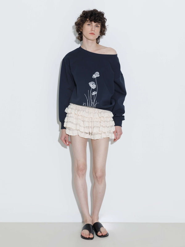 cubic Lace Tiered Mini Skirt with Elastic Waist Beige