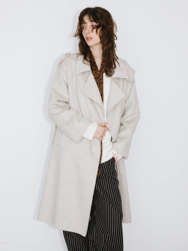 Cubic Lapel Neck Maxi Coat With Wool Blend FloralWhite