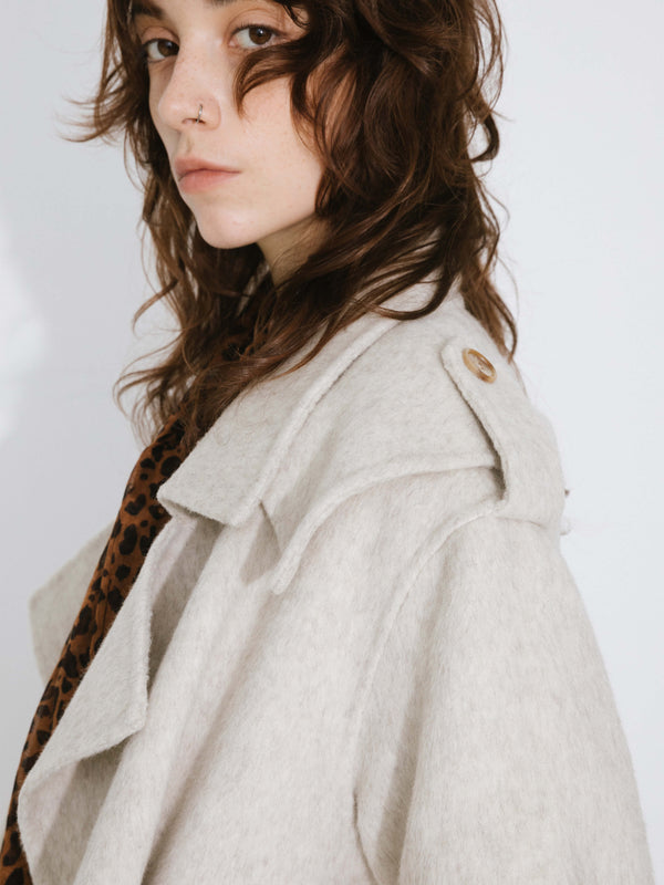 Cubic Lapel Neck Maxi Coat With Wool Blend FloralWhite