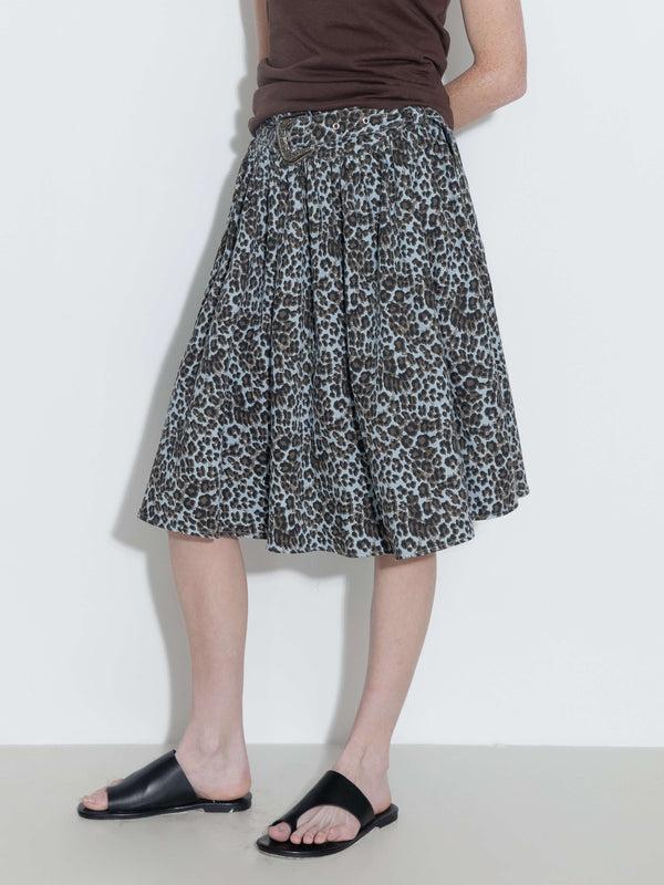 Cubic Leopard Print Pleated A-Line Skirt With Belt Animal Print