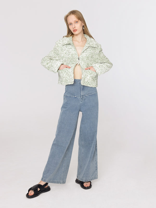 cubic Light Green and White Open Short Jacket Green