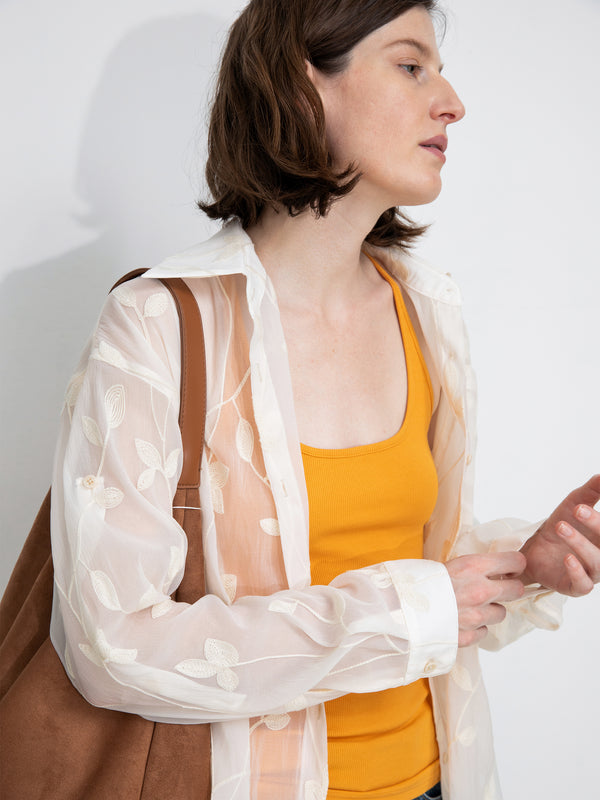 Cubic Lightweight Ice Silk Embroidered Sheer Shirt Beige
