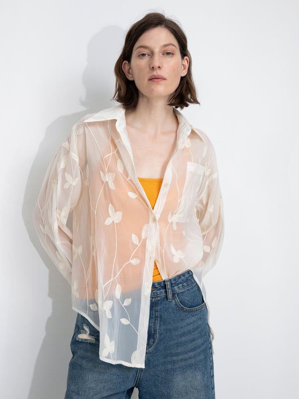 Cubic Lightweight Ice Silk Embroidered Sheer Shirt Beige
