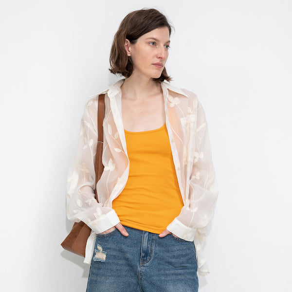 Cubic Lightweight Ice Silk Embroidered Sheer Shirt Beige